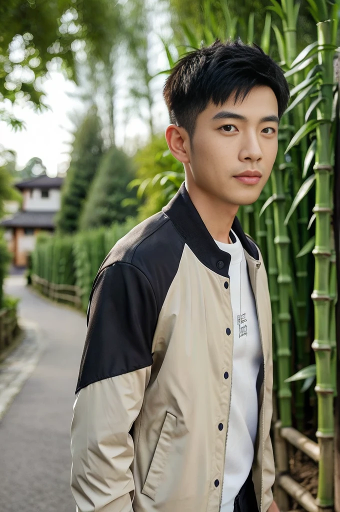 Masterpiece, best quality best, ung man, Asian man, East Asian people, one person, The muscles are in good proportion., Posing obscenely, short hair details, white teeth, jacket set, road background, Realistic style,photography,Can be seen from the front, see viewers ,in the garden trees bamboo
