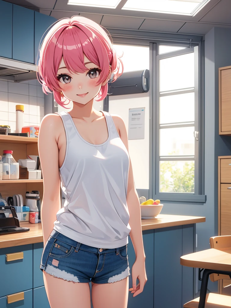 best quality, 1girl, masterpiece ultra detailed, illustration, glossy lips, indoors, standing, (short shorts, micro_shorts, tank top), light smile, looking back at viewer