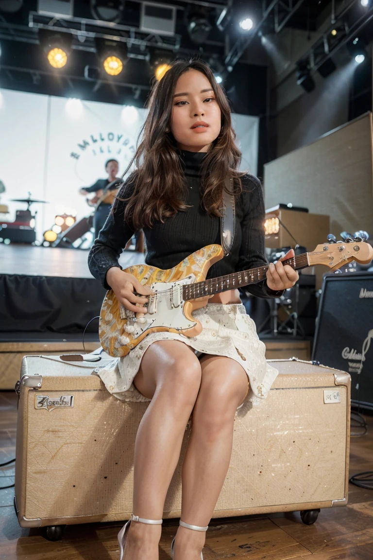 masterpiece, best quality, ultra detailed, high resolution, 1 girl, ((pretty lady MoonLay)), Burmese girl, ((pretty lady MoonLay's seductive sweet face singing the sound1.2)), ((playing guitar:1.5)), ((singing with confident)), electric guitar, ((stage background:1.5)), golden hour setting, 8k, (black sweater turtleneck tight blouse), ((many white flowers pattern printed on black mini tight skirt:1.2)), (sitting and elegantly cross-legged:1.2), (stiletto high heel), ((full body view:1.5)), (vibrant HDR lighting),