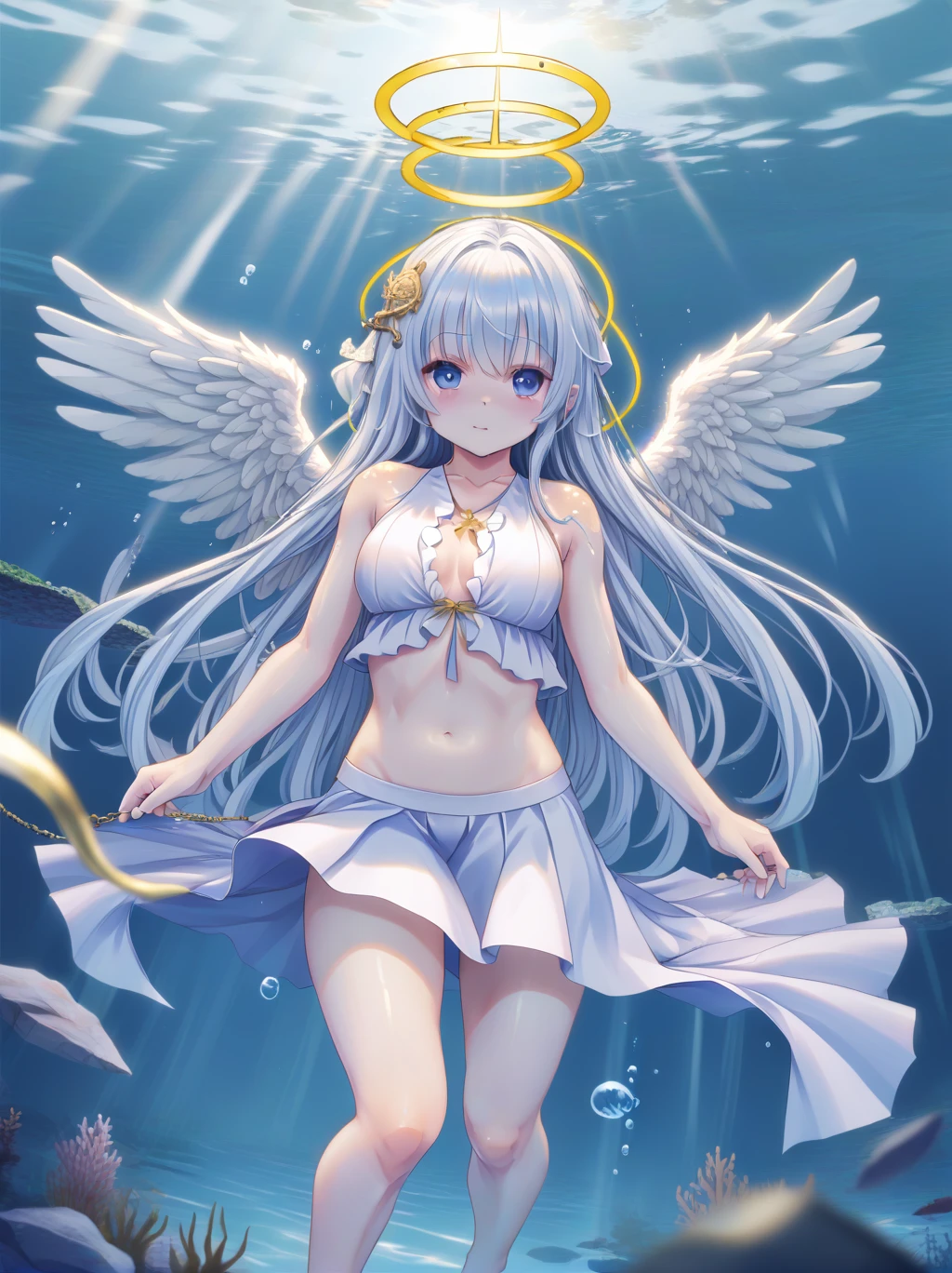 partially underwater, lakeの女神, Long Hair, Wet Hair,lake,8-year-old、Flat Chest、one piece、Above the water line from the neck、Body in water, ,The skirt flips up due to buoyancy、Angel Halo