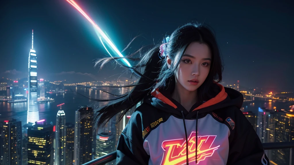 (tmasterpiece), Best quality at best, Ultra-high resolution,, Cyberpunk 1girl flies over stunning cityscapes ,hoody,Blue hair, neon colored meteor, Very long hair, cropped shoulders, feathers hair ornament, neon colored, Twinkle, stunning night sky, light, realisticlying, realisticing skin, HighDynamicRange,fish eye, chill, Hongkong city, vietnam flag
