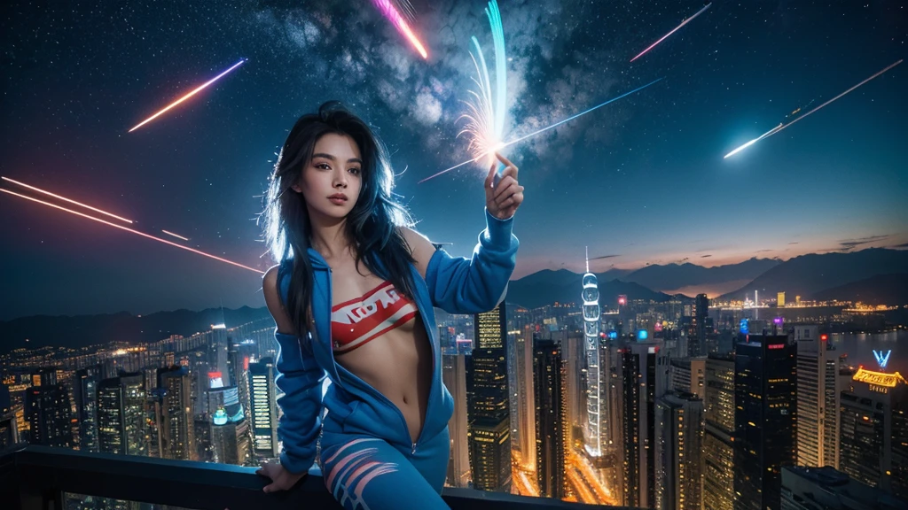 (tmasterpiece), Best quality at best, Ultra-high resolution,, Cyberpunk 1girl flies over stunning cityscapes ,hoody,Blue hair, neon colored meteor, Very long hair, cropped shoulders, feathers hair ornament, neon colored, Twinkle, stunning night sky, light, realisticlying, realisticing skin, HighDynamicRange,fish eye, chill, Hongkong city, vietnam flag