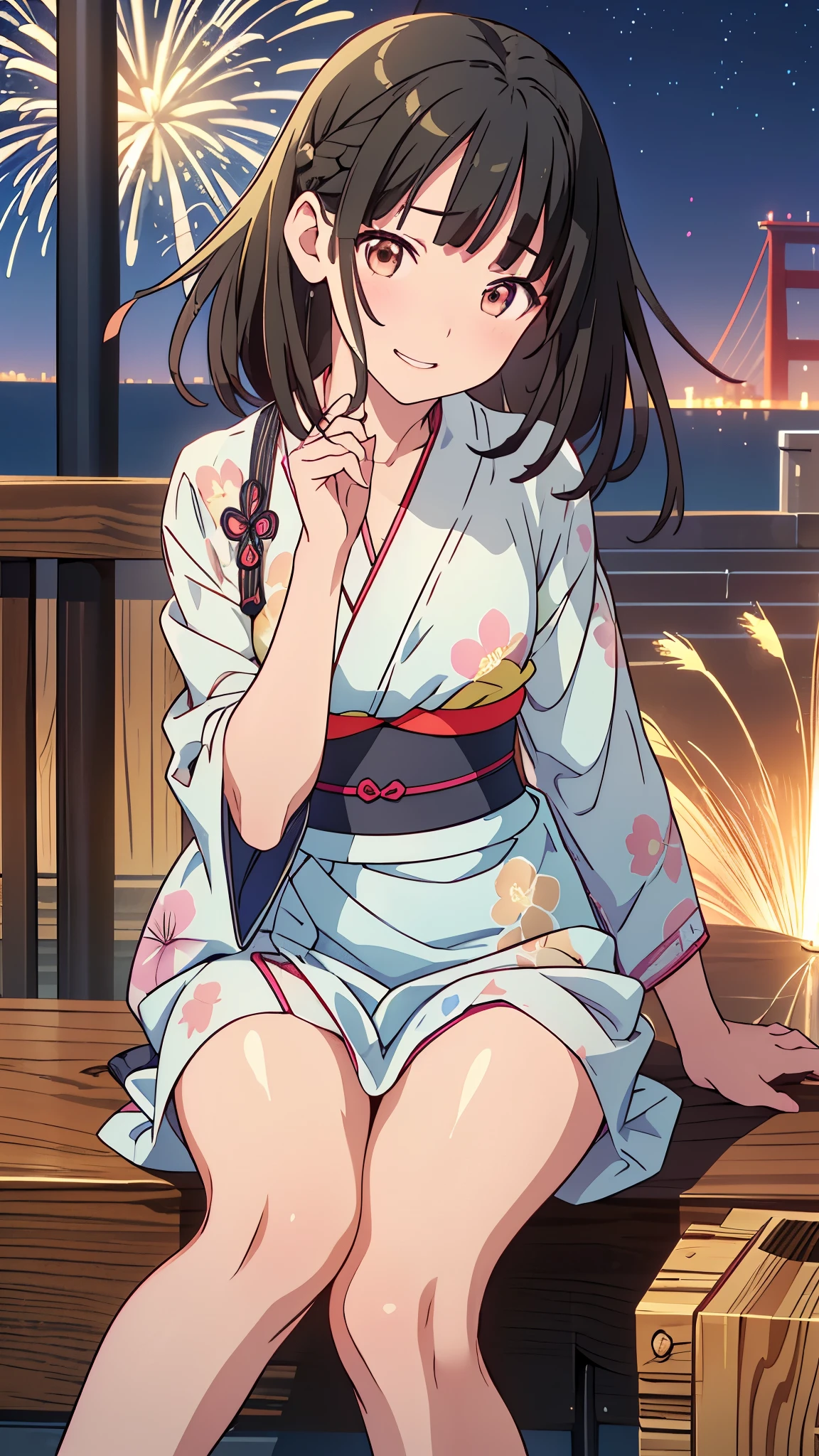 Anime girl in a kimono sitting on the stairs with fireworks in the background、(Tabletop:1.3), High resolution, Ultra-detailed, Highly detailed CG Unity 8k wallpaper, Realistic, Photorealistic, RAW Photos, Beautifully detailed face, Pale skin, Realistic glitter skin, Detailed cloth texture, Detailed hair texture, Perfect body, Beautiful Face, Anatomically correct, Highly detailed face and skin texture, Natural neck length, (Beautiful Hands), (Fair skin:1.2), Thin legs, Thin legs, (Teeth are neatly arranged:1.1), Sweaty skin, break, Fine grain, Symmetrical eyes, Light brown eyes, double eyelid, Thin eyebrows, (Glossy Lips:1.4), ((Cute smile:1.2)), (blush:1.1), (Glowing little hair ornament:1.1), break, (Elegant girl:1.3), (wear (Navy blue yukata:1.2) There is a white floral pattern), break, Small breasts, Slim figure, Toned Abs, ((Updo, Black Hair, Asymmetrical bangs:1.2)), (Close-up shot:1.2), (A sideways glance at the audience:1.1), From next to me, break, ((Sit on the stairs，Gently lift your chin in Odaiba:1.2)), ((Huge colorful fireworks bloom in the night sky:1.2)),