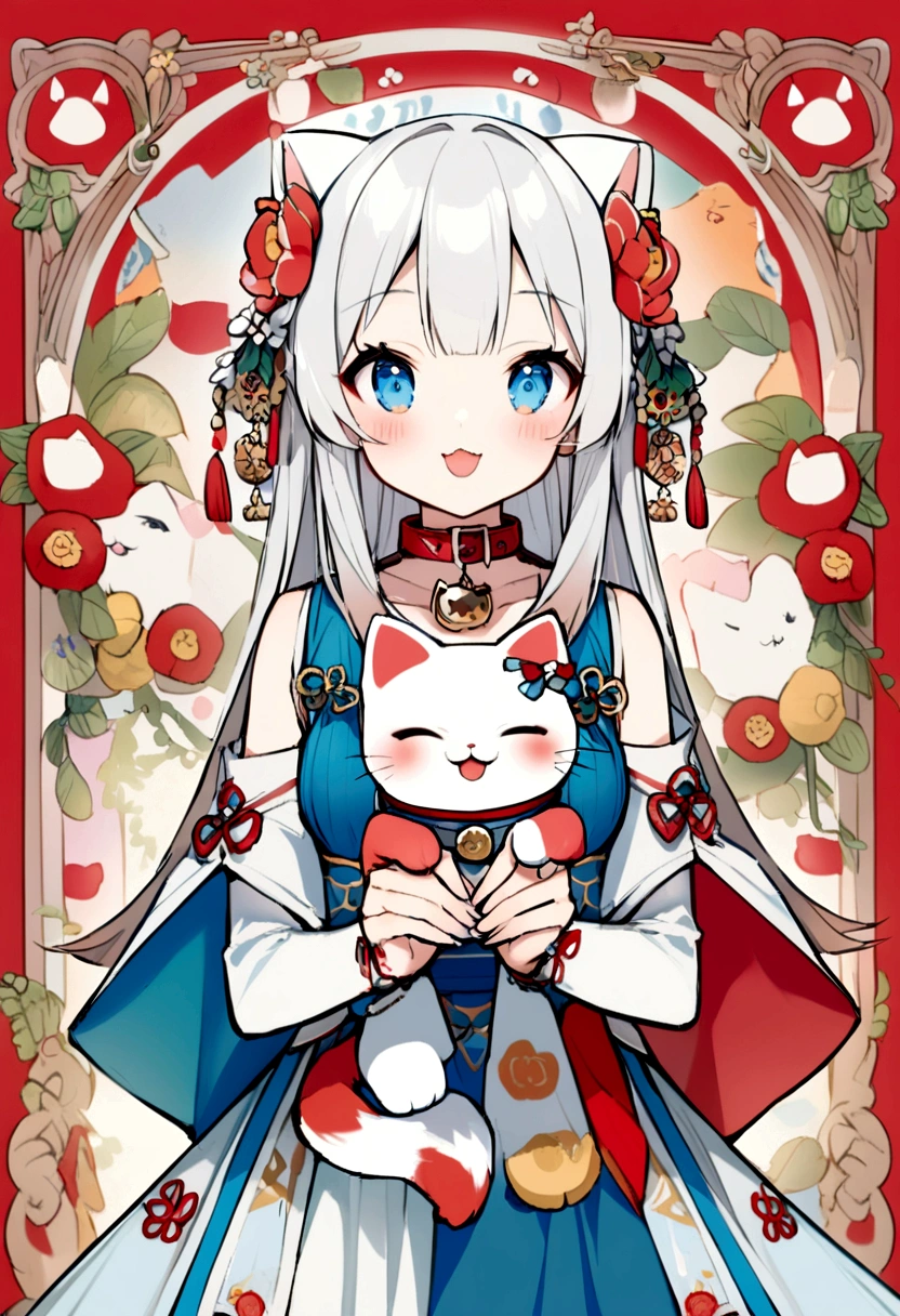 cat。Cute lucky cat。Red and blue collar
