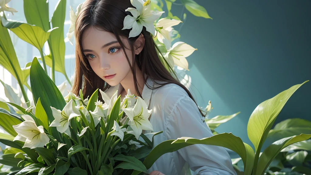 32k, Masterpiece, Highest quality, One girl, Brown Hair, Detailed eyes, flower,Amaryllis, Blue and green style,A dreamy, romantic piece,Pale yellow, Mysterious Leaves,A playful arrangement,Fantasy,High Contrast,Ink strokes,explosion,Exposure, Impression of blue and green tones,Abstract, Brush strokes,Negative Space, Tyndall effect
