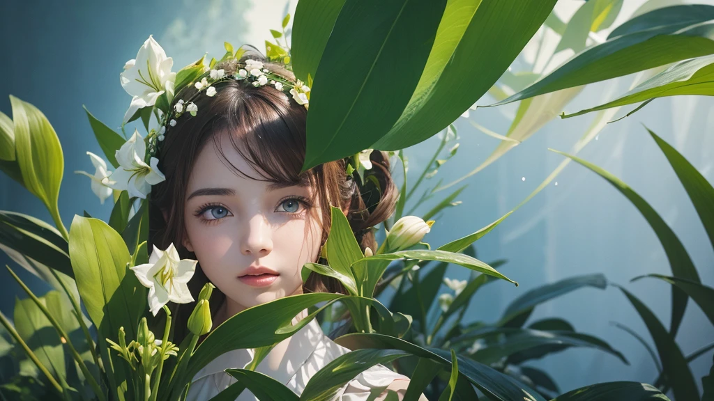 32k, Masterpiece, Highest quality, One girl, Brown Hair, Detailed eyes, flower,Amaryllis, Blue and green style,A dreamy, romantic piece,Pale yellow, Mysterious Leaves,A playful arrangement,Fantasy,High Contrast,Ink strokes,explosion,Exposure, Impression of blue and green tones,Abstract, Brush strokes,Negative Space, Tyndall effect