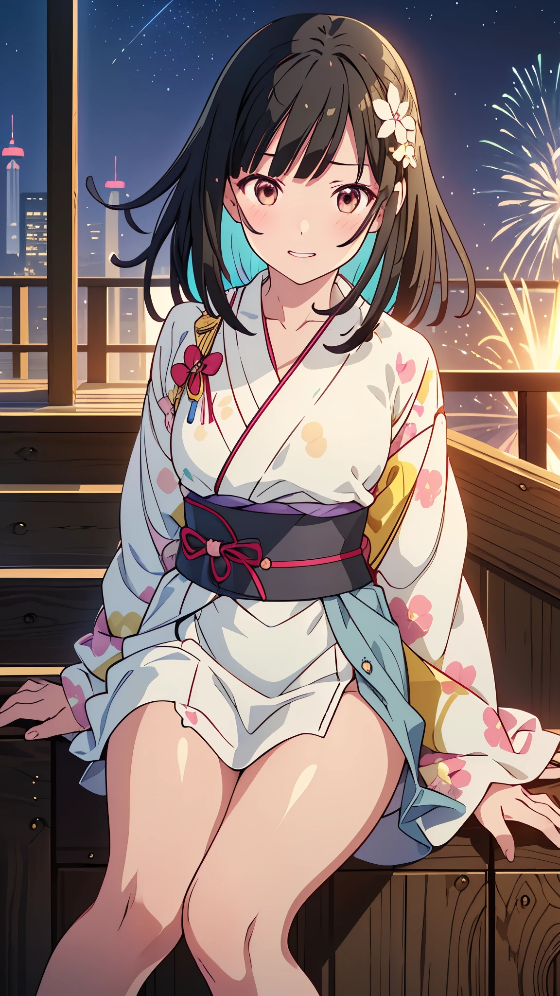 Anime girl in a kimono sitting on the stairs with fireworks in the background、(Tabletop:1.3), High resolution, Ultra-detailed, Highly detailed CG Unity 8k wallpaper, Realistic, Photorealistic, RAW Photos, Beautifully detailed face, Pale skin, Realistic glitter skin, Detailed cloth texture, Detailed hair texture, Perfect body, Beautiful Face, Anatomically correct, Highly detailed face and skin texture, Natural neck length, (Beautiful Hands), (Fair skin:1.2), Thin legs, Thin legs, (Teeth are neatly arranged:1.1), Sweaty skin, break, Fine grain, Symmetrical eyes, Light brown eyes, double eyelid, Thin eyebrows, (Glossy Lips:1.4), ((Cute smile:1.2)), (blush:1.1), (Glowing little hair ornament:1.1), break, (Elegant girl:1.3), (wear (Navy blue yukata:1.2) There is a white floral pattern), break, Small breasts, Slim figure, Toned Abs, ((Updo, Black Hair, Asymmetrical bangs:1.2)), (Close-up shot:1.2), (A sideways glance at the audience:1.1), From next to me, break, ((Sit on the stairs,Gently lift your chin in Odaiba:1.2)), ((Huge colorful fireworks bloom in the night sky:1.2)),