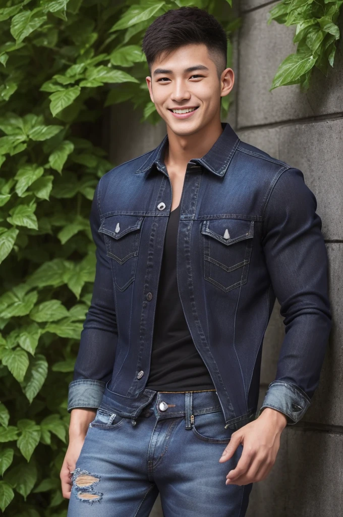 handsome man ,Age 20 , short hair, Korea , student,(((Wear a black long-sleeved denim shirt.......))), full body view,smile ,chest muscles, Big arm muscles, big muscles, Broad shoulders ,sportsperson , upper body (1), rain: 1.3, Gym: 1.2, body drenched: 1.1, cycling