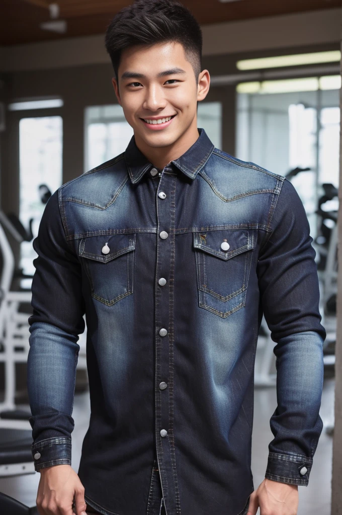 handsome man ,Age 20 , short hair, Korea , student,(((Wear a black long-sleeved denim shirt.......))), full body view,smile ,chest muscles, Big arm muscles, big muscles, Broad shoulders ,sportsperson , upper body (1), rain: 1.3, Gym: 1.2, body drenched: 1.1, cycling