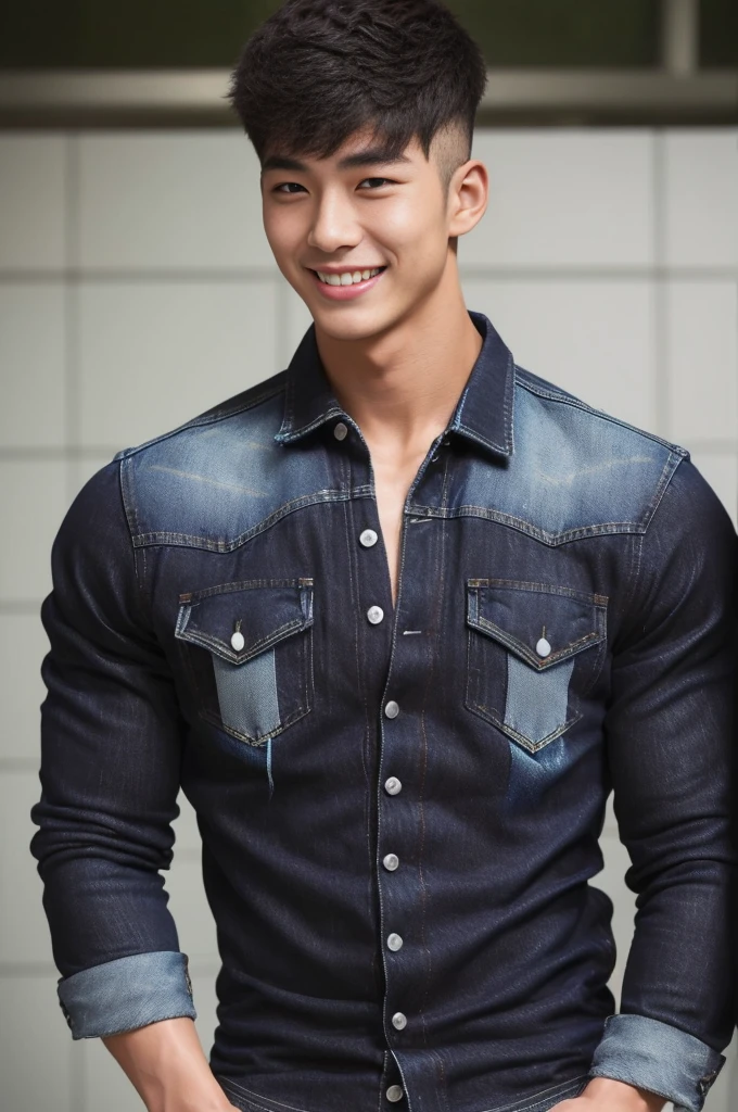 handsome man ,Age 20 , short hair, Korea , student,(((Wear a black long-sleeved denim shirt.......))), full body view,smile ,chest muscles, Big arm muscles, big muscles, Broad shoulders ,sportsperson , upper body (1), rain: 1.3, Gym: 1.2, body drenched: 1.1, cycling