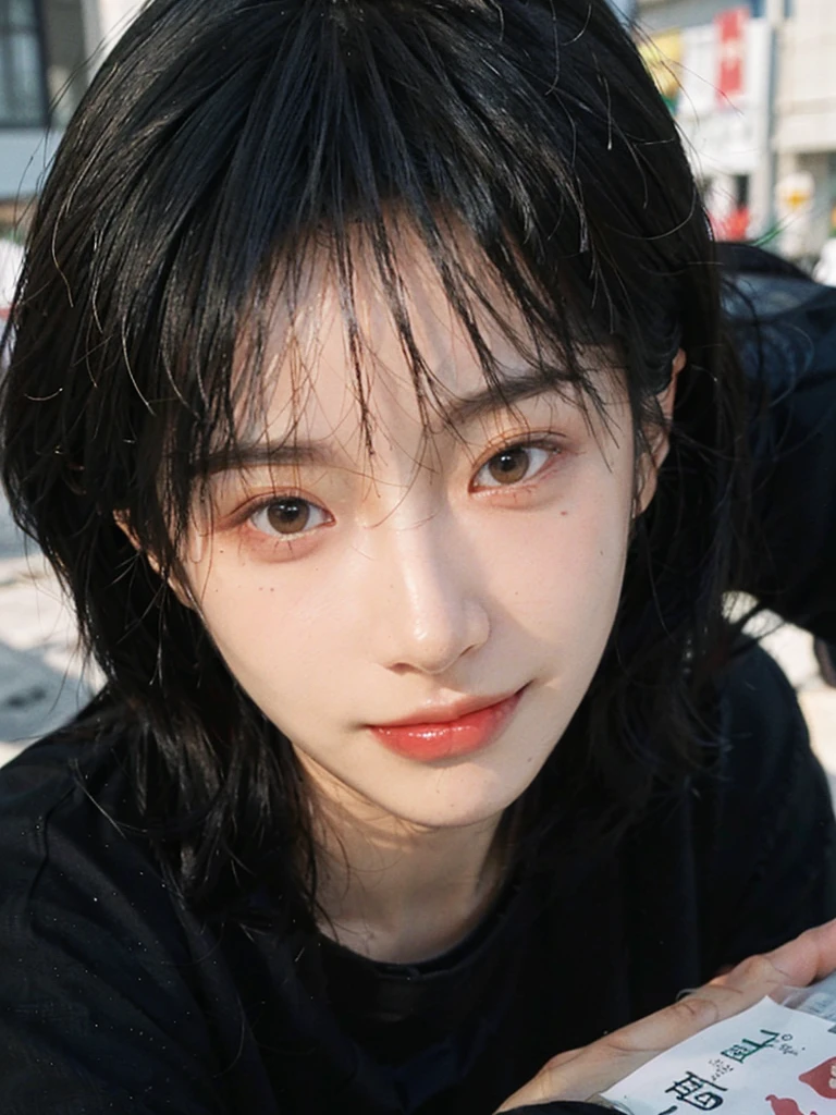 (Skin details:1.4), (smooth skin textures:1.3), (Upper Body:1.4),(Upper Body:1.3),(Black clothes:1.4),Lipstick, background, earrings, serene, calm, (Realistic and detailed eyes:1.2), Natural skin texture, Realistic facial details, Soft dramatic lighting, Vivid details, 35 mm film, outdoor, (Photo Practical:1.4), (hyper Practical:1.4), (Practical:1.3), (Smoother lighting:1.05), (Improve lighting quality:0.9), (Highest quality real skin textures:1.4), Exquisite eyes, Delicate face, Close-up of face, (Enhance the beauty of skin texture:1.1),0Normal body proportions, short hair, Moles under the eyes, A faint smile,Portrait Photography, Depth of Field, Bokeh, Surrealism, Ray Tracing, (Portrait Photography:1.1), Surrealism, High Detail, Chiaroscuro, Ray Tracing, reflected light, Ultra HD, Ultra HD, masterpiece, Textured Skin, Super Detail, High Detail, high quality, best quality