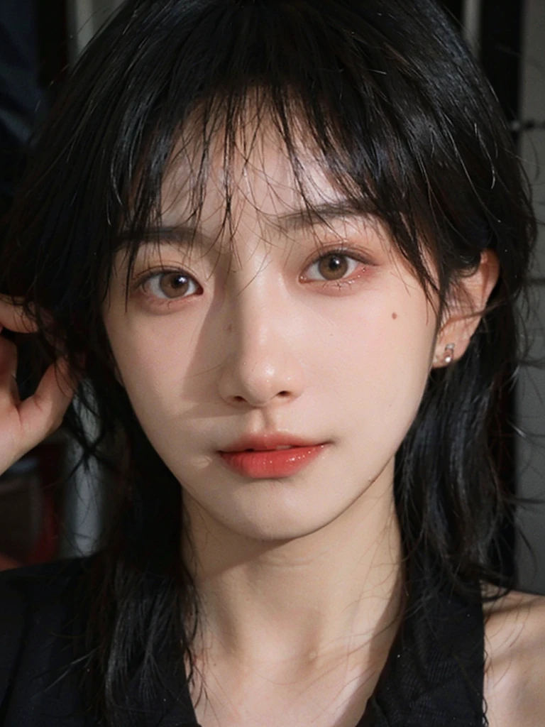 (Skin details:1.4), (smooth skin textures:1.3), (Upper Body:1.4),(Upper Body:1.3),(Black clothes:1.4),Lipstick, background, earrings, serene, calm, (Realistic and detailed eyes:1.2), Natural skin texture, Realistic facial details, Soft dramatic lighting, Vivid details, 35 mm film, outdoor, (Photo Practical:1.4), (hyper Practical:1.4), (Practical:1.3), (Smoother lighting:1.05), (Improve lighting quality:0.9), (Highest quality real skin textures:1.4), Exquisite eyes, Delicate face, Close-up of face, (Enhance the beauty of skin texture:1.1),0Normal body proportions, short hair, Moles under the eyes, A faint smile,Portrait Photography, Depth of Field, Bokeh, Surrealism, Ray Tracing, (Portrait Photography:1.1), Surrealism, High Detail, Chiaroscuro, Ray Tracing, reflected light, Ultra HD, Ultra HD, masterpiece, Textured Skin, Super Detail, High Detail, high quality, best quality