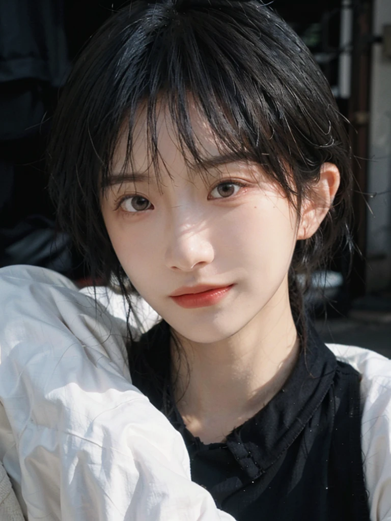 (Skin details:1.4), (smooth skin textures:1.3), (Upper Body:1.4),(Upper Body:1.3),(Black clothes:1.4),Lipstick, background, earrings, serene, calm, (Realistic and detailed eyes:1.2), Natural skin texture, Realistic facial details, Soft dramatic lighting, Vivid details, 35 mm film, outdoor, (Photo Practical:1.4), (hyper Practical:1.4), (Practical:1.3), (Smoother lighting:1.05), (Improve lighting quality:0.9), (Highest quality real skin textures:1.4), Exquisite eyes, Delicate face, Close-up of face, (Enhance the beauty of skin texture:1.1),0Normal body proportions, short hair, Moles under the eyes, A faint smile,Portrait Photography, Depth of Field, Bokeh, Surrealism, Ray Tracing, (Portrait Photography:1.1), Surrealism, High Detail, Chiaroscuro, Ray Tracing, reflected light, Ultra HD, Ultra HD, masterpiece, Textured Skin, Super Detail, High Detail, high quality, best quality
