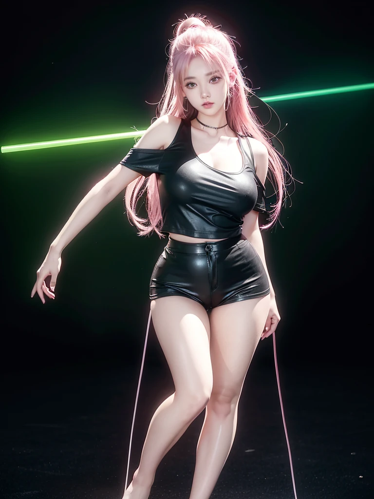  21yo girl,pink hair,long hair, wearing black t-shirt, green neon light,black background, natural big breast, show big thigh, plump body,single sidelock hairpin blush modern cinematic lighting,ray tracing,drop shadow wide shot UHD,textured skin,high details,best quality 4K