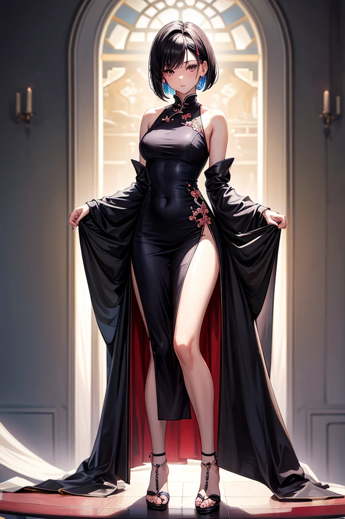 masterpiece, best quality, distinct image, 1 girl, 16 year old ager, Asymmetrical knee length Chinese styled dress, solo. sharp facial features, oval shaped face, cherry pink lip, lightly tanned white skin, velvet-colored eyes, tall height(175cm), slim yet chiseled body-type, dark violet-black hair, short pixie cut hairstyle, long and slender legs, curvy wide hips stretching the dress, full body image,