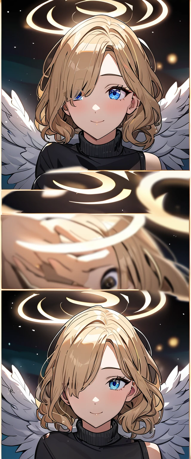 ((angel, big big white wings:1.3, halo:1.3)), (((cowboy shot))), ((flying)), archangel Uriel, ((wavy hair, outward curled hair)), evening, Sunset, ((blond hair, bob cut:1.3)), breasts, teenager, (looking at viewer), oversized clothes, puffy long sleeves, collarbone, ((off-shoulder sweater dress:1.3, Quite thick shoulder straps)), (((sleeves past wrists:1.3))), ((black sweater)), collarbone, head tilt:1.3, (((blue eyes))), ((happy smile)), (((anime style))), (best quality, 4K, 8K, highres, masterpiece:1.2, ultra-detailed, ultra-detailed eyes, HDR, uhd, studio lighting, ultra-fine painting, sharp focus, physically-based rendering, extreme detail description, professional, vivid colors, bokeh), ((Highest quality, Best image quality, Ultra-high resolution, Ultra-high resolution, solo, Strong eye highlights)), Depth of written boundary, Natural soft light, attractive, Beautiful Face, Cleanliness, Pure Face, medium chest, Beautiful Face, Perfect Fingers, Perfect hands, Perfect body, Perfect Face, Shine a light into your eyes, Perfect Anatomy