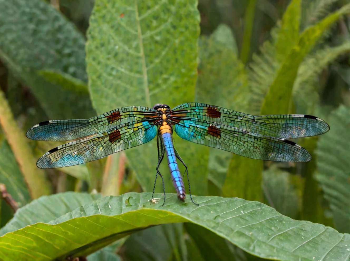 Madagascar Jewel Dragonfly (Phaon iridipennis) on a leaf, closeup  ,outdoors, realistic scenery. very wide shot, landscape, film, professional, 4k