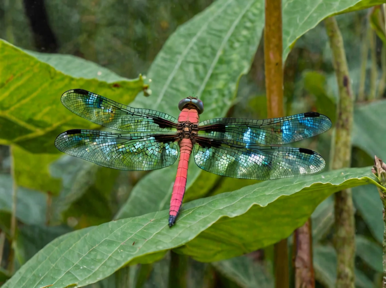 Madagascar Jewel Dragonfly (Phaon iridipennis) on a leaf, closeup ,outdoors, realistic scenery. very wide shot, landscape, film, professional, 4k