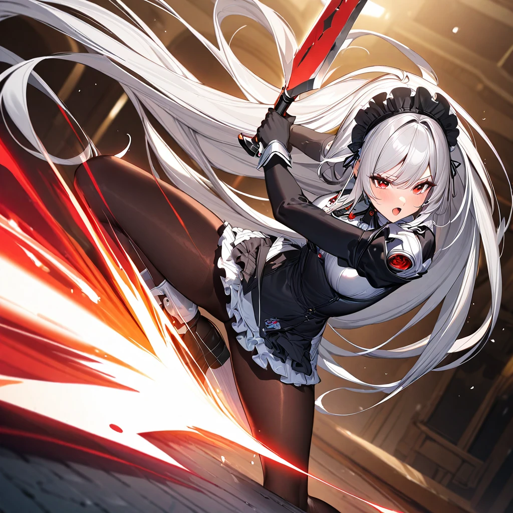 (masterpiece),(Highest quality),(Super detailed),(Best illustrations),(so beautiful), so beautiful長い脚,Silver Hair, Red eyes, Very long hair, pantyhose, Maid, headdress, apron, mini skirt, holding weapon, huge sword, slashing