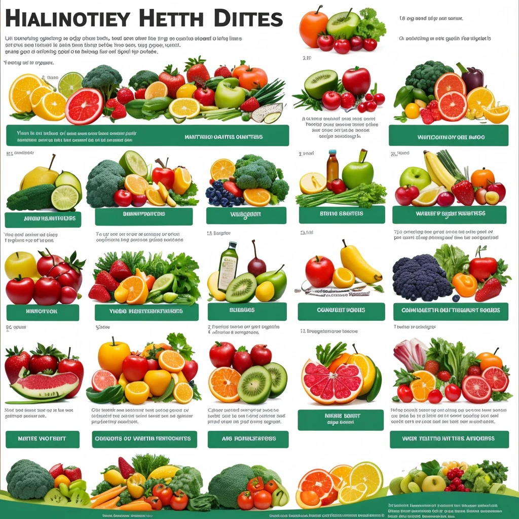 Description: An infographic showing tips for maintaining a healthy diet, how to eat fruits and vegetables, drink water and avoid processed foods. Aim: Educate and engage users with visually engaging and informative content.