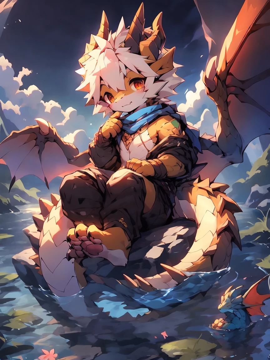 (Masterpiece quality, Highest definition, Detailed texture)), 12K, Intricate details, solo, White、Red and gold tones, Spread your wings, Blue and gold scarf, Soft colors,Lying down,From the back, Show your soles, human face, Short and delicate hair, Full Body Love, tread water, flowing water, wetlands, Clear skies, cloud, Little Dragon Boy, doll, Squamous skin,Tick marks, Dragon Claw, Paw pads, paw, Paw, Detailed proportions, Anti-joint, Cute face, Delicate eyes, Golden vertical pupil, Thin scaly tail, Dragon Horn, Tick marks, Gold and black sweatshirt, Black shorts, Golden red dragon wings, direction, 头发是银White的。