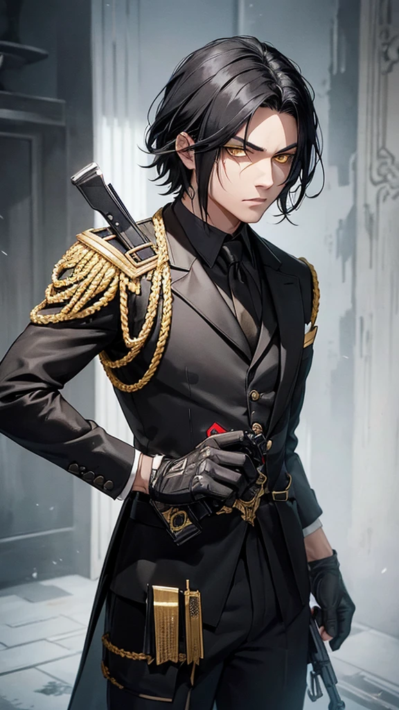 A young assassin with black hair, yellow eyes, a knife in his right hand, a gun in his left, a black suit and black gloves. Bloodstained face, cold person