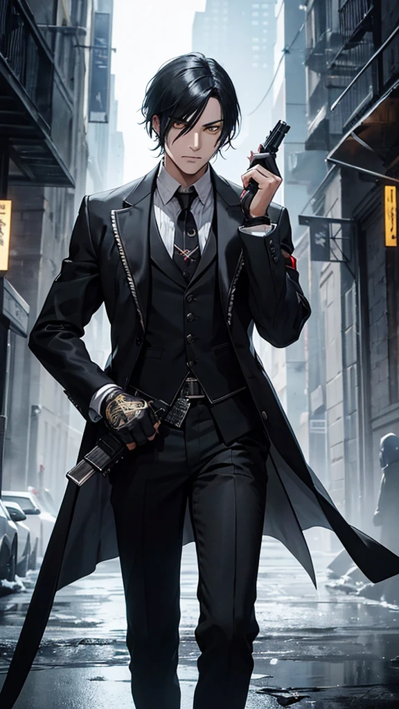 A young assassin with black hair, yellow eyes, a knife in his right hand, a gun in his left, a black suit and black gloves. Bloodstained face, cold person