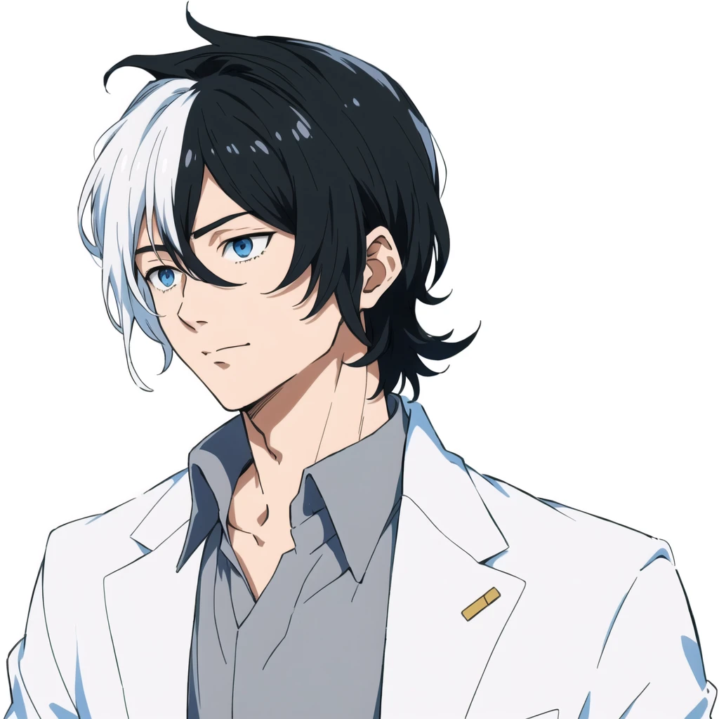 Black Hair、White jacket、Anime man in a grey shirt, inspired by Okumura Togyu, shigenori soejima illustration, Anime Handsome Man, inspired by Okumura Masanobu, Male Anime Characters, Artwork by Ryuta Ueda, Young Anime Guy, Anime portrait of a handsome man, Tall anime guy with blue eyes, wataru kajika