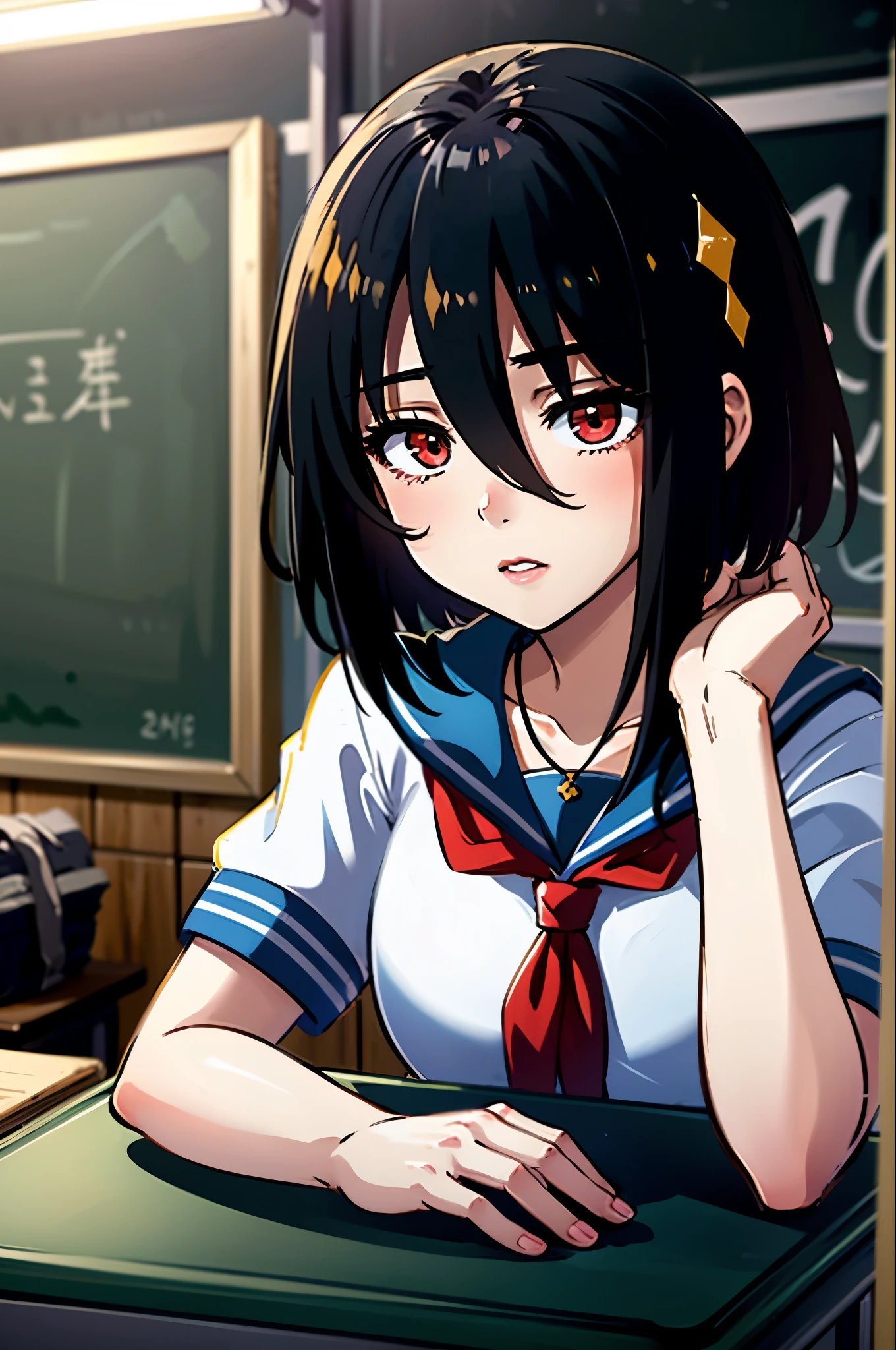 masterpiece, Highest quality, One girl, alone, EP Phenyl, short hair, Black Hair, Red eyes, Hair between the eyes,necklace, , Sailor suit , school bag, School desk, blackboard, indoor,