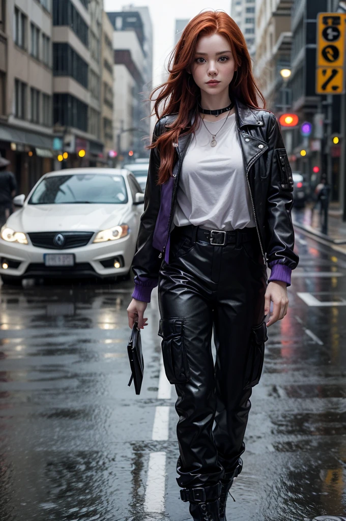 A white woman with medium red hair, piercing brown eyes. She wears a black blouse and a purple jacket, cargo pants and a pair of boots, holster. With a blurred background, rainy street and cars passing by, urban atmosphere.