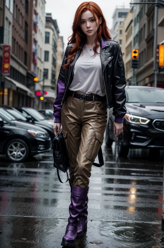 A white woman with medium red hair, piercing brown eyes. She wears a black blouse and a purple jacket, cargo pants and a pair of boots, holster. With a blurred background, rainy street and cars passing by, urban atmosphere.