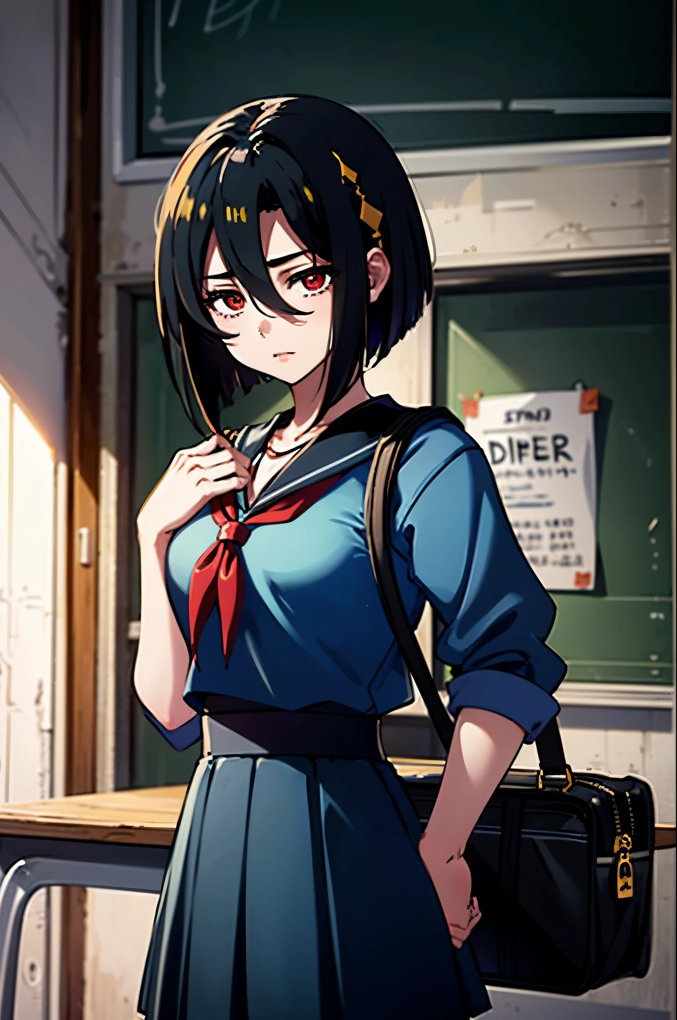 masterpiece, Highest quality, One girl, alone, EP Phenyl, short hair, Black Hair, Red eyes, Hair between the eyes,necklace, , Sailor suit , school bag, School desk, blackboard, indoor,