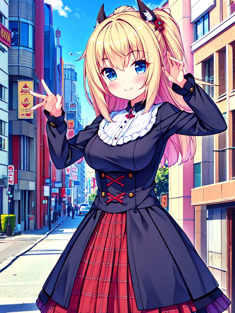 incredibly detailed, absurdities, ultra-high, ultra detailed, Best Quality,
1 girl, Alone, good hands, perfect hands,
REST large,gothic dress,nylon clothing,denim dress,riding jacket,BREAK red tartan plaid pleated skirt
(smiling, evil smile:1.2), Closed mouth, (:3:1.3), v shaped eyebrows, standing REST slim, kawaii, perfect symmetrical face, ultra beautiful girl, ultra beautiful face, Ojos ultra detaileds, cabello ultra detailed, ultra beautiful, ultra beautiful,
BREAK
in harajuku, Shibuya, SUCH, street, crew, urban landscape,
BREAK
medium large breasts,
by rubio, Blue eyes, two tails