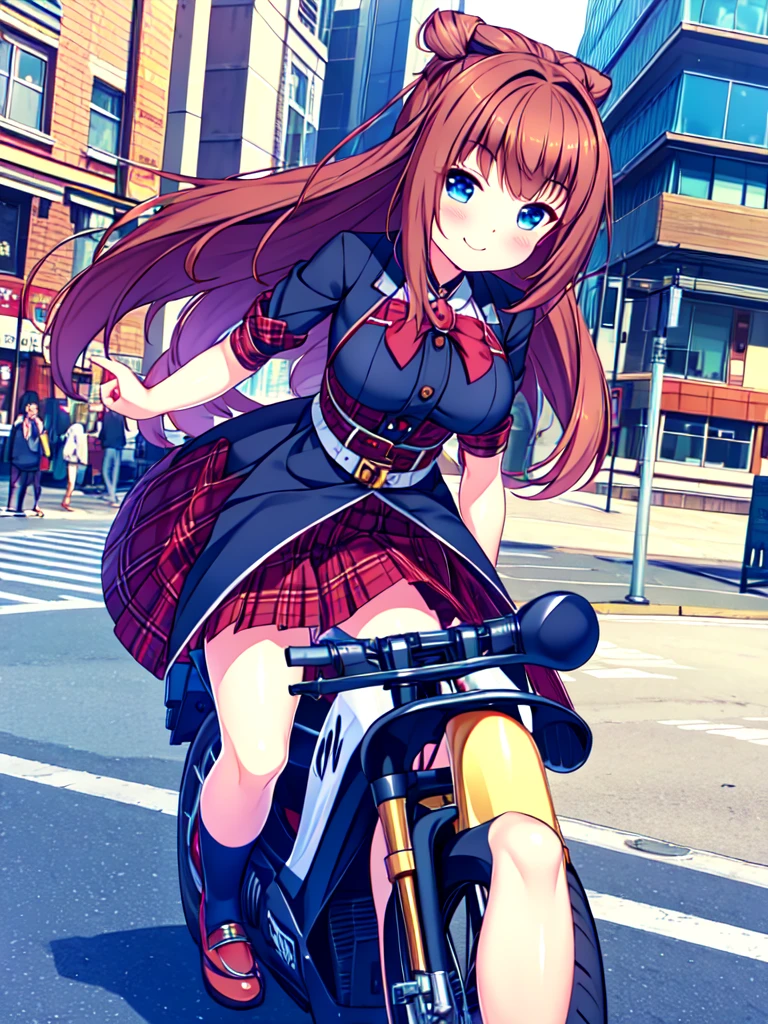 incredibly detailed, absurdities, ultra-high, ultra detailed, Best Quality,
1 girl, Alone, good hands, perfect hands,
REST large,gothic dress,nylon clothing,denim dress,riding jacket,BREAK red tartan plaid pleated skirt
(smiling, evil smile:1.2), Closed mouth, (:3:1.3), v shaped eyebrows, standing REST slim, kawaii, perfect symmetrical face, ultra beautiful girl, ultra beautiful face, Ojos ultra detaileds, cabello ultra detailed, ultra beautiful, ultra beautiful,
BREAK
in harajuku, Shibuya, SUCH, street, crew, urban landscape,
BREAK
medium large breasts,
by rubio, Blue eyes, two tails