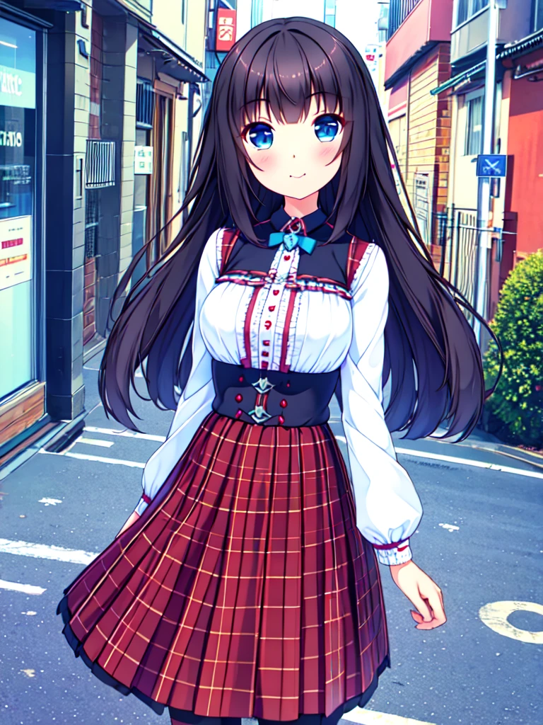 incredibly detailed, absurdities, ultra-high, ultra detailed, Best Quality,
1 girl, Alone, good hands, perfect hands,
REST large,gothic dress,nylon clothing,denim dress,riding jacket,BREAK red tartan plaid pleated skirt
(smiling, evil smile:1.2), Closed mouth, (:3:1.3), v shaped eyebrows, standing REST slim, kawaii, perfect symmetrical face, ultra beautiful girl, ultra beautiful face, Ojos ultra detaileds, cabello ultra detailed, ultra beautiful, ultra beautiful,
BREAK
in harajuku, Shibuya, SUCH, street, crew, urban landscape,
BREAK
medium large breasts,
by rubio, Blue eyes, two tails