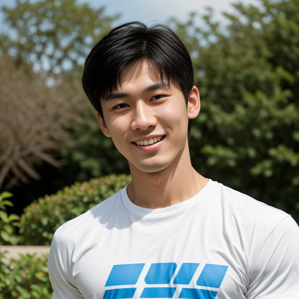 (As a matter of fact, Masterpiece, 8k HD, good light quality, sportswear, fit the face, complicated details), A handsome, muscular young Korean man. , 20 years old, be happy, smile brightly, detailed face, delicate eyes, มองดูsky, Wear a navy tight T-shirt.:1.6, period, black eyes, Black hair color, ผมsmooth, smooth, outdoor sports, Along the garden, Sunny,sky,Surreal,Awesome details,Highest quality,real,Open your mouth to talk. , Close your eyes.
