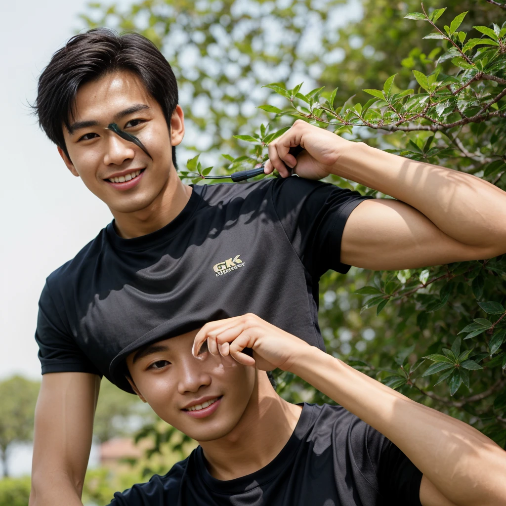 (As a matter of fact, Masterpiece, 8k HD, good light quality, sportswear, fit the face, complicated details), A handsome, muscular young Korean man. , 20 years old, be happy, smile brightly, detailed face, delicate eyes, มองดูsky, Wear a navy tight T-shirt.:1.6, period, black eyes, Black hair color, ผมsmooth, smooth, outdoor sports, Along the garden, Sunny,sky,Surreal,Awesome details,Highest quality,real,Open your mouth to talk. , Close your eyes.