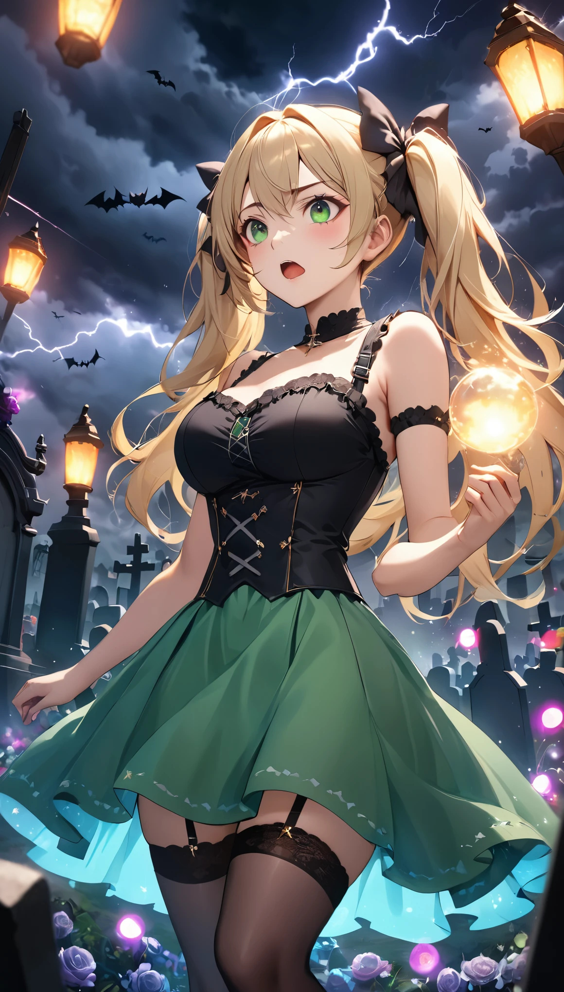 Highest quality, Highest quality, 16K, Unbelievably absurd, Very detailed, 2.5D, delicate and dynamic, Cemetery, Moonlit Night, storm, thunderstorm, Scary Sky, Tiny faint lights and colorful lights, A lot of bats, 巨大な複雑な模様のmagic陣, magic, Small face, Very delicate facial expressions, Delicate eye depiction, Upper body close-up,, erotic, dynamic sexy poses, One sexy woman, Healthy body shape, 24-year-old woman, doaxvv_marie rose, witch, Height: 170cm, big firm bouncing busts, , blonde very long wavy hair, twin tail,, Glaring at the camera, Looking up, Invincible laughter, A complex, gothic-style long dress, , Green long skirt, garter belt, Brown Loafers, Standing Alone