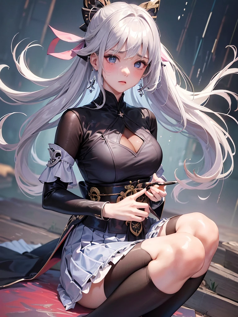 masterpiece, best quality:1.2), 1girl, 独奏, source anime, clorinde \(genshin impact\), tricorn, black pantyhose, earrings, blue cape, white gloves, pencil skirt, white shirt, thigh strap, underbust, ascot, fold-over boots,blue eyes, hair ornaments, Hair Ribbon, blunt , Both sides up, butterfly hair ornaments, skirt,Off the shoulder、Random color see-through kunoichi costume、Japanese see-through female samurai costume、See-through female ninja costume,, Open clothes, Collared dress emphasizes cleavage、胸の谷間のSweat is noticeable、Professional lighting light reflection、 looking at viewer, (masterpiece:1.2), Highest quality, High resolution, unity 8k wallpaper, (figure:0.8), (Beautiful fine details:1.6), Highly detailed face, Perfect lighting, Highly detailed CG, (Perfect hands, Perfect Anatomy),heavy rain、heavy rainで全身びしょ濡れ、heavy rainで全身びしょ濡れの服、High heels、 ((Perfect handsの形))、(Perfect foot shape、Embarrassed expression、blush、Gestures to seduce a man、Shining Sweat、Perfect Skin,Sweat is noticeable、太もものSweat is noticeable、 Fair skin,Tight waist, Sweating profusely、Sweaty hair、Sweaty clothes、Sweaty、Visible sweat、rain-wet hair、A vast Western church with stained glass windows、Holding a Japanese sword、Athlete System、cherry blossoms、Blonde、Silver Hair