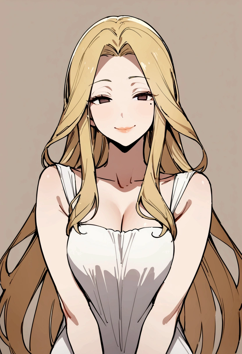 masterpiece, best quality,facing viewer, upper body,middle age female,Greek goddess's demeanor, melon seed face, ((slender eyes)), mole under eye,brown eyeballs, thin lips, blonde hair, very long hair, closed mouth and smile,40 year old, self-portrait, Simple background,white dress,