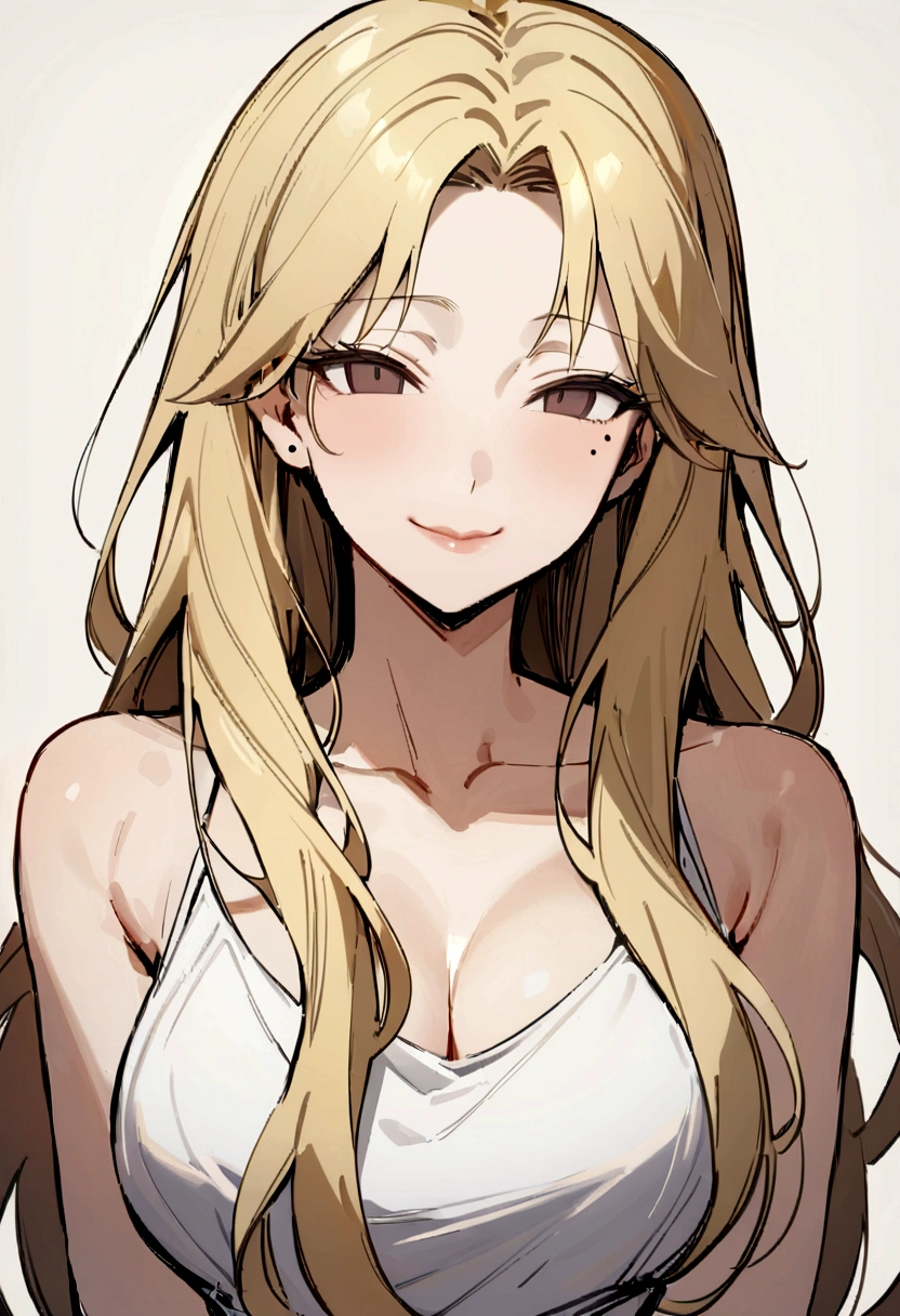 masterpiece, best quality,facing viewer, upper body,middle age female,Greek goddess's demeanor, melon seed face, ((slender eyes)), mole under eye,brown eyeballs, thin lips, blonde hair, very long hair, closed mouth and smile,40 year old, self-portrait, Simple background,white dress,