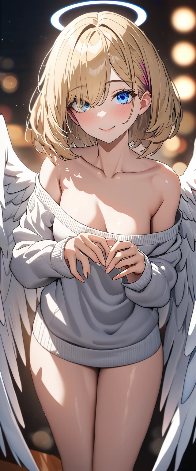 ((angel, big big white wings:1.3, halo:1.3)), (((cowboy shot))), ((flying)), archangel Uriel, ((wavy hair, outward curled hair)), evening, Sunset, ((blond hair, bob cut:1.3)), breasts, ager, (looking at viewer), oversized clothes, puffy long sleeves, collarbone, ((off-shoulder sweater dress:1.3, Quite thick shoulder straps)), (((sleeves past wrists:1.3))), ((white sweater)), collarbone, head tilt:1.3, (((blue eyes))), ((happy smile)), (((anime style))), (best quality, 4K, 8K, highres, masterpiece:1.2, ultra-detailed, ultra-detailed eyes, HDR, uhd, studio lighting, ultra-fine painting, sharp focus, physically-based rendering, extreme detail description, professional, vivid colors, bokeh), ((Highest quality, Best image quality, Ultra-high resolution, Ultra-high resolution, solo, Strong eye highlights)), Depth of written boundary, Natural soft light, attractive, Beautiful Face, Cleanliness, Pure Face, medium chest, Beautiful Face, Perfect Fingers, Perfect hands, Perfect body, Perfect Face, Shine a light into your eyes, Perfect Anatomy