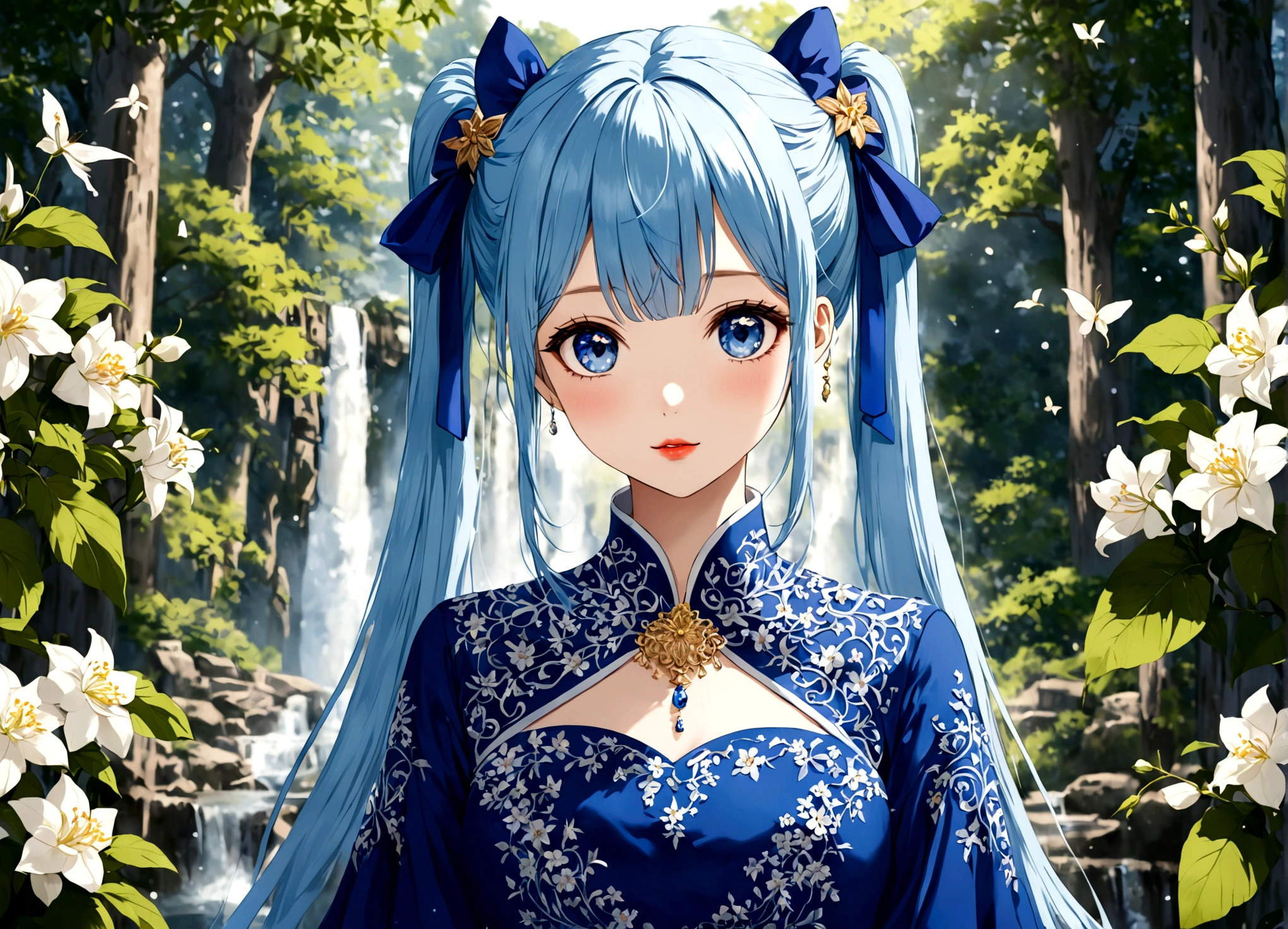 She was wearing a wide-sleeved, double-breasted shirt，White flowers embroidered on the dress，It's like a star in the night sky，There is a blue ribbon tied around the waist，It contrasts sharply with her clothes.，Eye-catching。Her twin ponytails flow like a waterfall，Gently fluttering in the breeze。Her blue eyes are deep and bright，Like the brightest star in the night sky，Reveals a fascinating sense of mystery。Her red lips are so beautiful，It's like a blooming flower，People can't help but want to kiss Fangze。Her face is beautiful，With a faint smile，Gives people a feeling of warmth。 a giant tree, giant tree,(masterpiece:1.2,best quality),(depth of field:1.6),(real picture intricate details),looking at viewer,standing,Portrait Of Stunningly Beautiful Girl,1girl,独奏,(big eyes), Ice Blue hair,short_twintails_Bunches, blue Lace dress,Her temperament is noble and elegant，As if he were a nobleman from a noble family.。Confidence and calm attitude give people an invisible charm。Her figure is slim and graceful，Like a carefully carved work of art。Light and smooth movements，Like a dancer in a dance，Every movement is full of life force and beauty.。