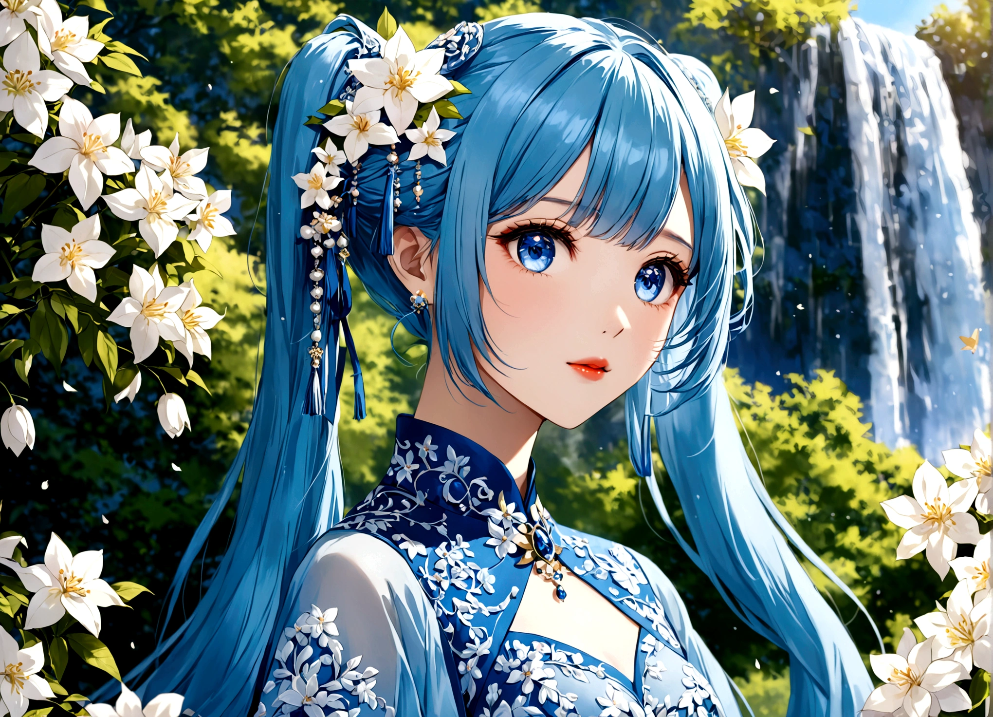 She was wearing a wide-sleeved, double-breasted shirt,White flowers embroidered on the dress,It's like a star in the night sky,There is a blue ribbon tied around the waist,It contrasts sharply with her clothes.,Eye-catching。Her twin ponytails flow like a waterfall,Gently fluttering in the breeze。Her blue eyes are deep and bright,Like the brightest star in the night sky,Reveals a fascinating sense of mystery。Her red lips are so beautiful,It's like a blooming flower,People can't help but want to kiss Fangze。Her face is beautiful,With a faint smile,Gives people a feeling of warmth。 a giant tree, giant tree,(masterpiece:1.2,best quality),(depth of field:1.6),(real picture intricate details),looking at viewer,standing,Portrait Of Stunningly Beautiful Girl,1girl,独奏,(big eyes), Ice Blue hair,short_twintails_Bunches, blue Lace dress,Her temperament is noble and elegant,As if he were a nobleman from a noble family.。Confidence and calm attitude give people an invisible charm。Her figure is slim and graceful,Like a carefully carved work of art。Light and smooth movements,Like a dancer in a dance,Every movement is full of life force and beauty.。