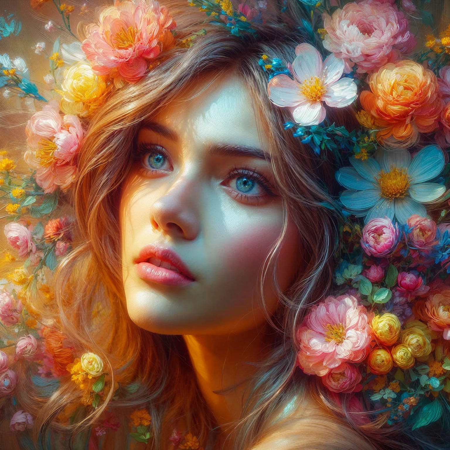 Superfine painterly primavera, spring flowers, delicate beauty, stellar eyes, maelstrom hair, beautifully backlit in the spring, bright and cheerful color palette