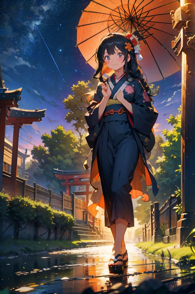 (masterpiece), (high resolution 8K), professional illustration,(1 girl:1.3), late teenage, standing, thigh focus, dutch angle, japanese clothes, kimono, hair ornament, long hair, smile, looking up, shrine, temple, torii, beautiful starry sky, night,natural lighting, high contrast, stunning face, symmetrical clear eyes, detailed eyes and face, detailed skin