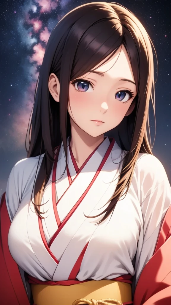 anime, 1 woman, 20 years old, Black Hair, Orihime,kimono,milky way,Starry Sky