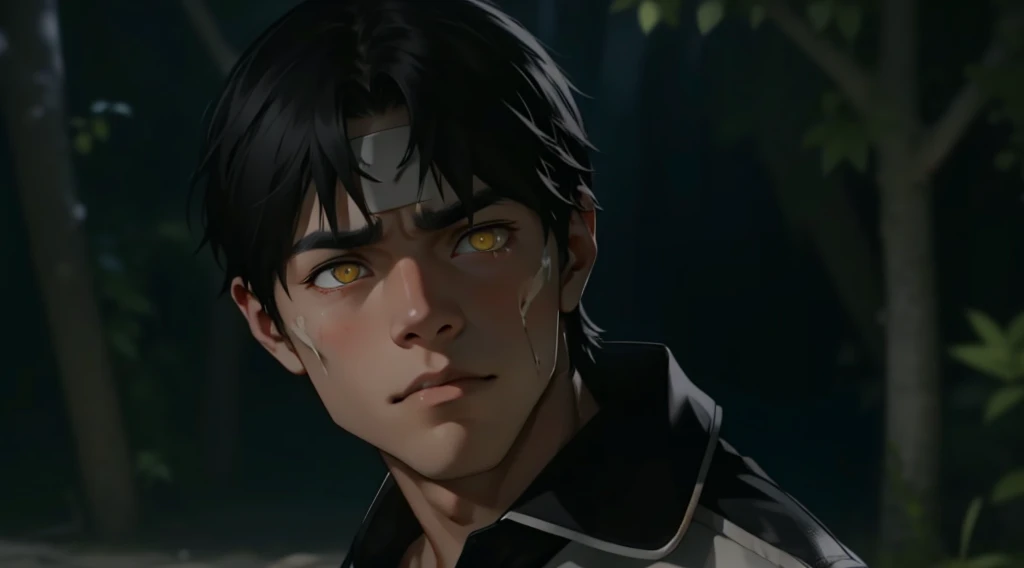 17 year old boy with black hair and yellow eyes is asking something with some pain.