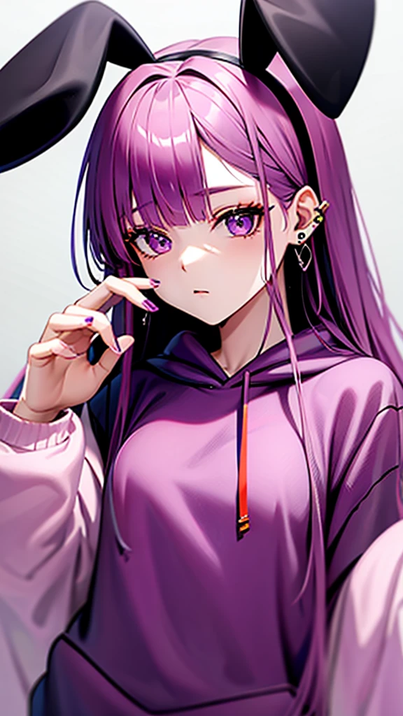 Has many ear piercings、Purple and pink hair、Baggy hoodie black、Bunny ears