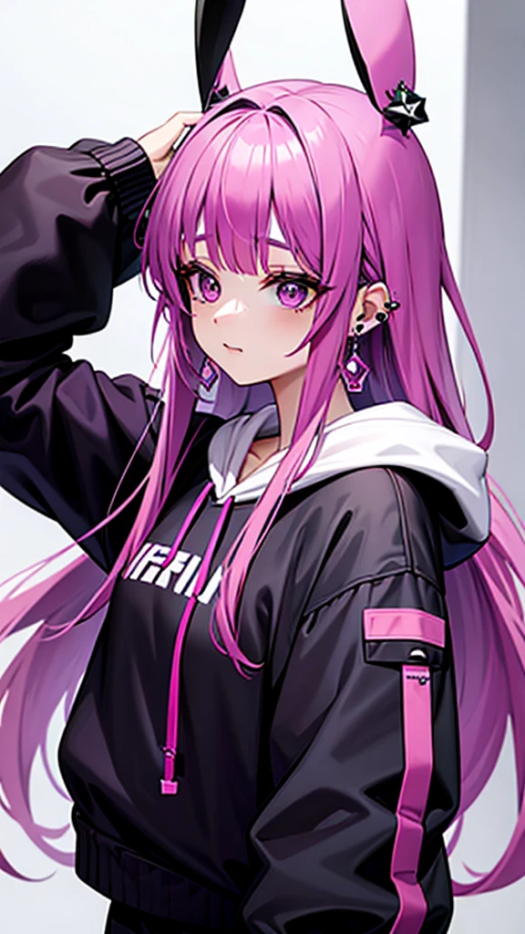 Has many ear piercings、Purple and pink hair、Baggy hoodie black、Bunny ears